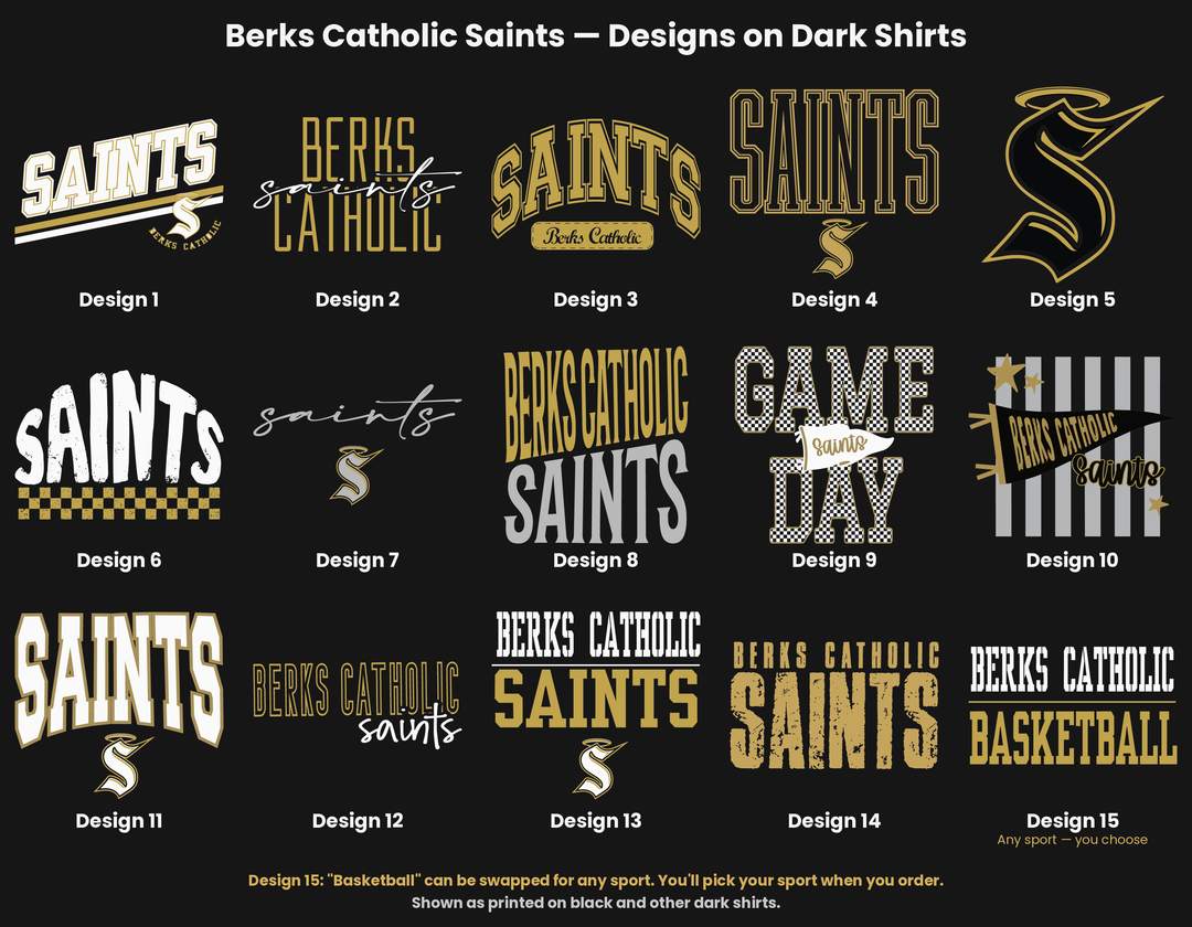 Berks Catholic Saints design chart, all fifteen designs as printed on dark shirts