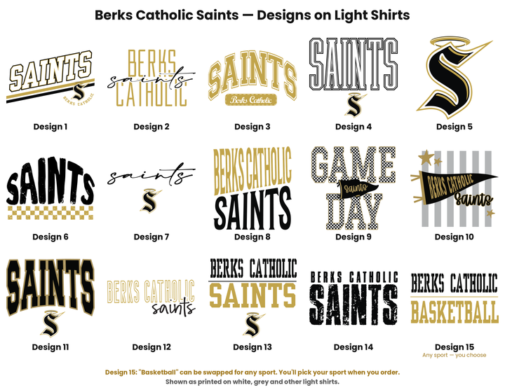 Berks Catholic Saints design chart, all fifteen designs as printed on light shirts