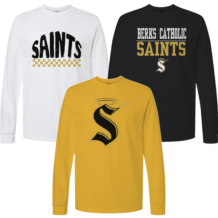 Berks Catholic Saints long sleeve tees in white, gold and black showing three of the fifteen designs