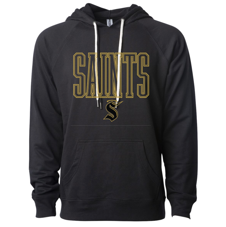 Black Berks Catholic Saints hoodie with gold outlined SAINTS lettering over the haloed S