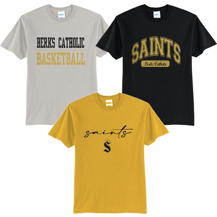 Berks Catholic Saints tees in silver, gold and black showing three of the fifteen designs