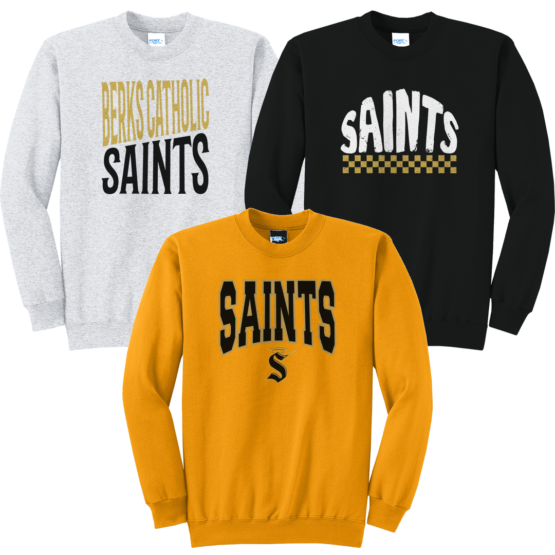 Berks Catholic Saints crewneck sweatshirts in ash, gold and black showing three of the fifteen designs