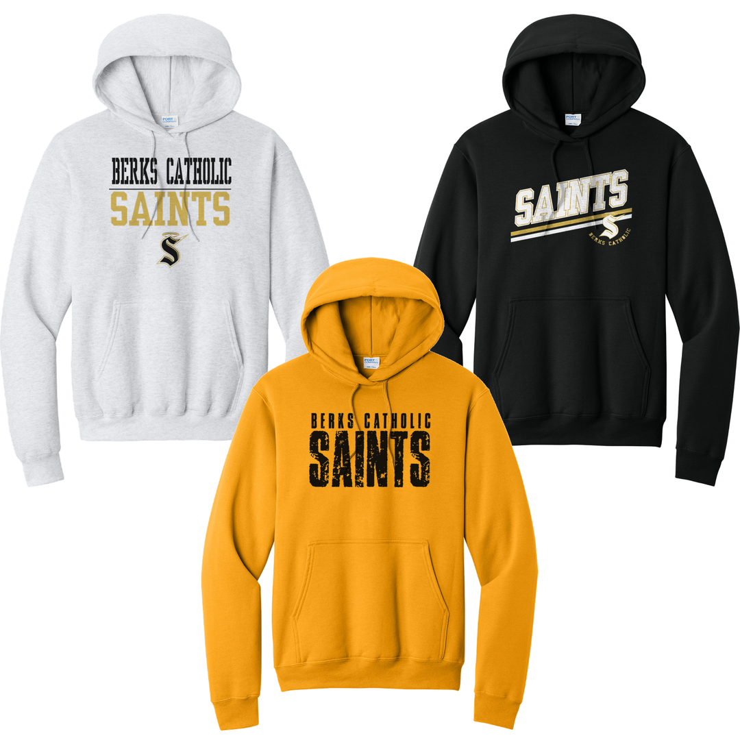 Berks Catholic Saints hoodies in ash, gold and black showing three of the fifteen designs