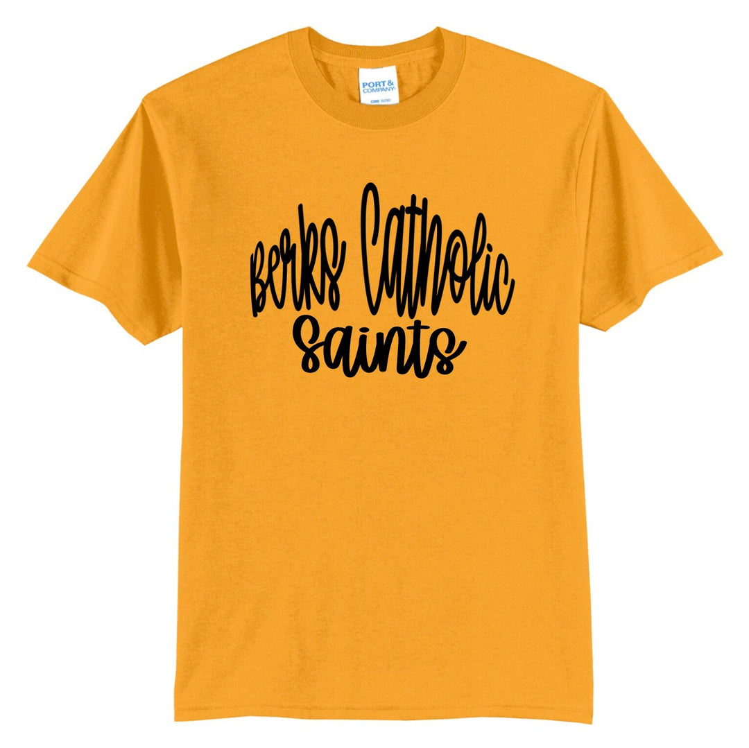 Berks Catholic Saints hand-lettered script spirit tee in gold with black script print