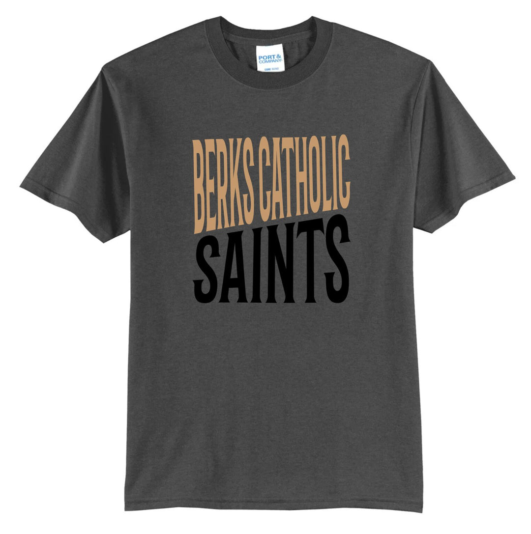 Berks Catholic Saints bold block spirit tee in dark heather grey with gold and black two-tone lettering