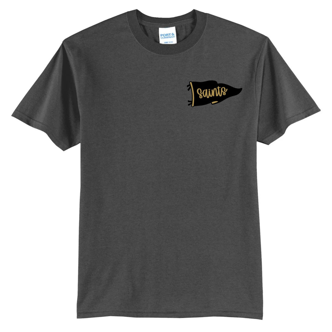 Berks Catholic Saints varsity flag spirit tee in dark heather grey with a black and gold left-chest pennant reading Saints