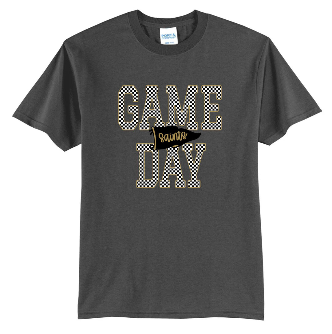 Example: dark heather grey tee with black and gold checkered GAME DAY and a black pennant