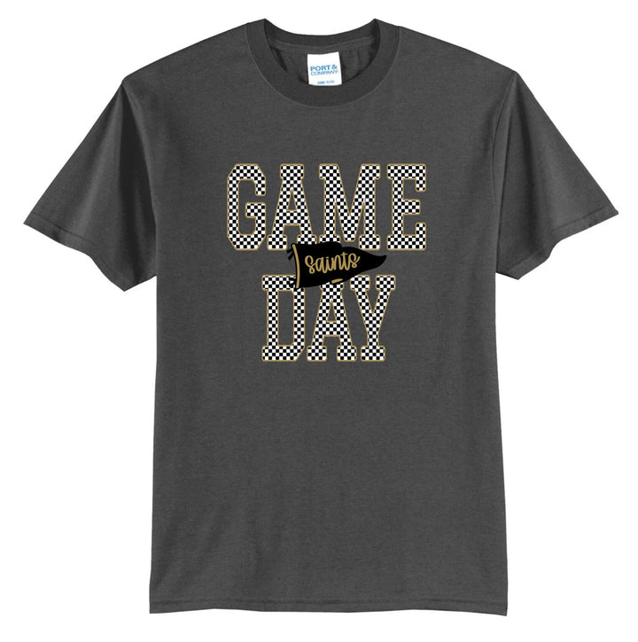 Example: dark heather grey tee with black and gold checkered GAME DAY and a black pennant