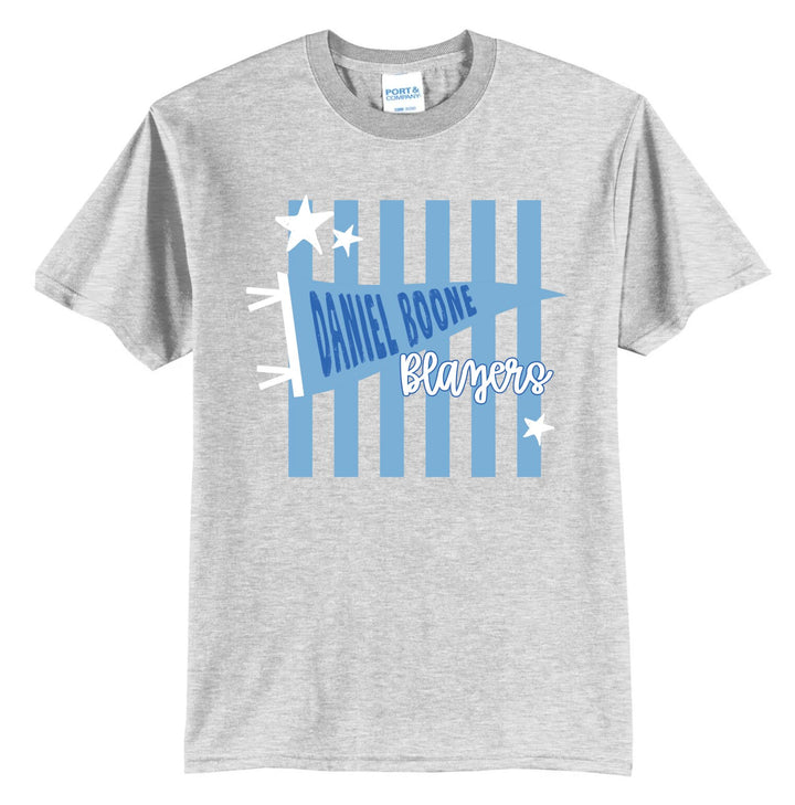 Example: ash grey tee with grey stripes, stars, and a black pennant