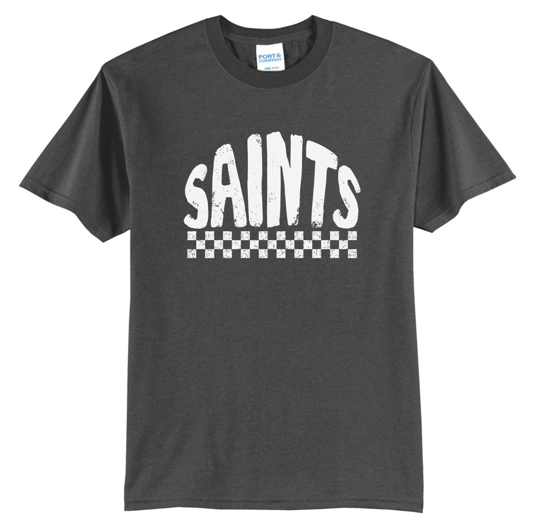 Berks Catholic Saints checkered retro spirit tee in charcoal with white distressed SAINTS print