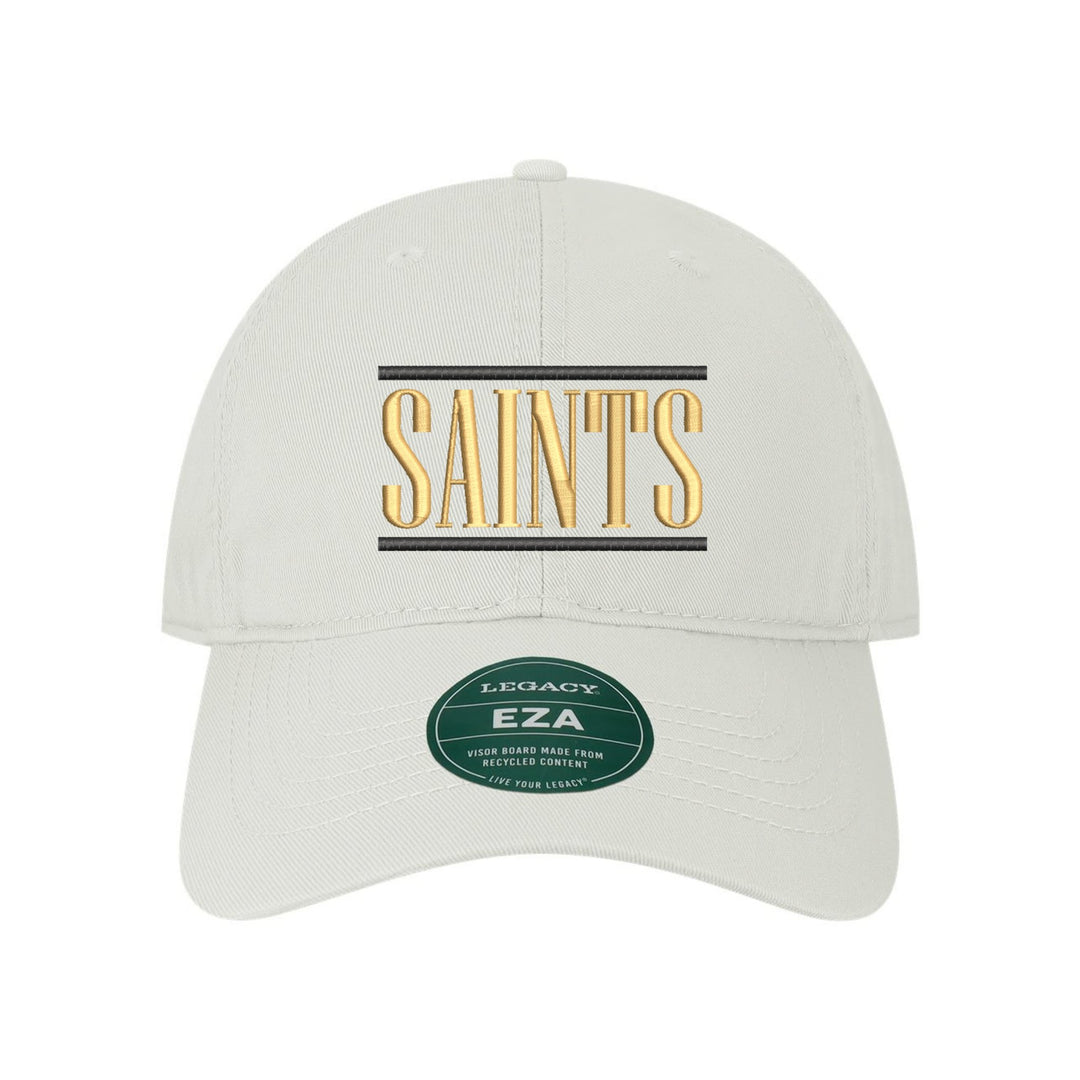 Berks Catholic Saints Varsity Bars embroidered dad cap, black and gold stitching on a white cap