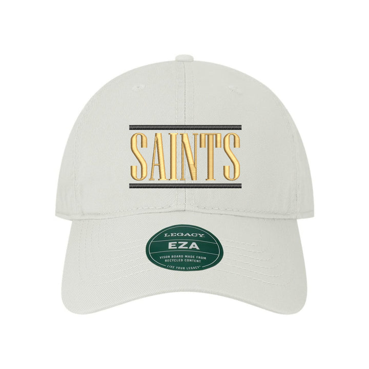 Berks Catholic Saints Varsity Bars embroidered dad cap, black and gold stitching on a white cap