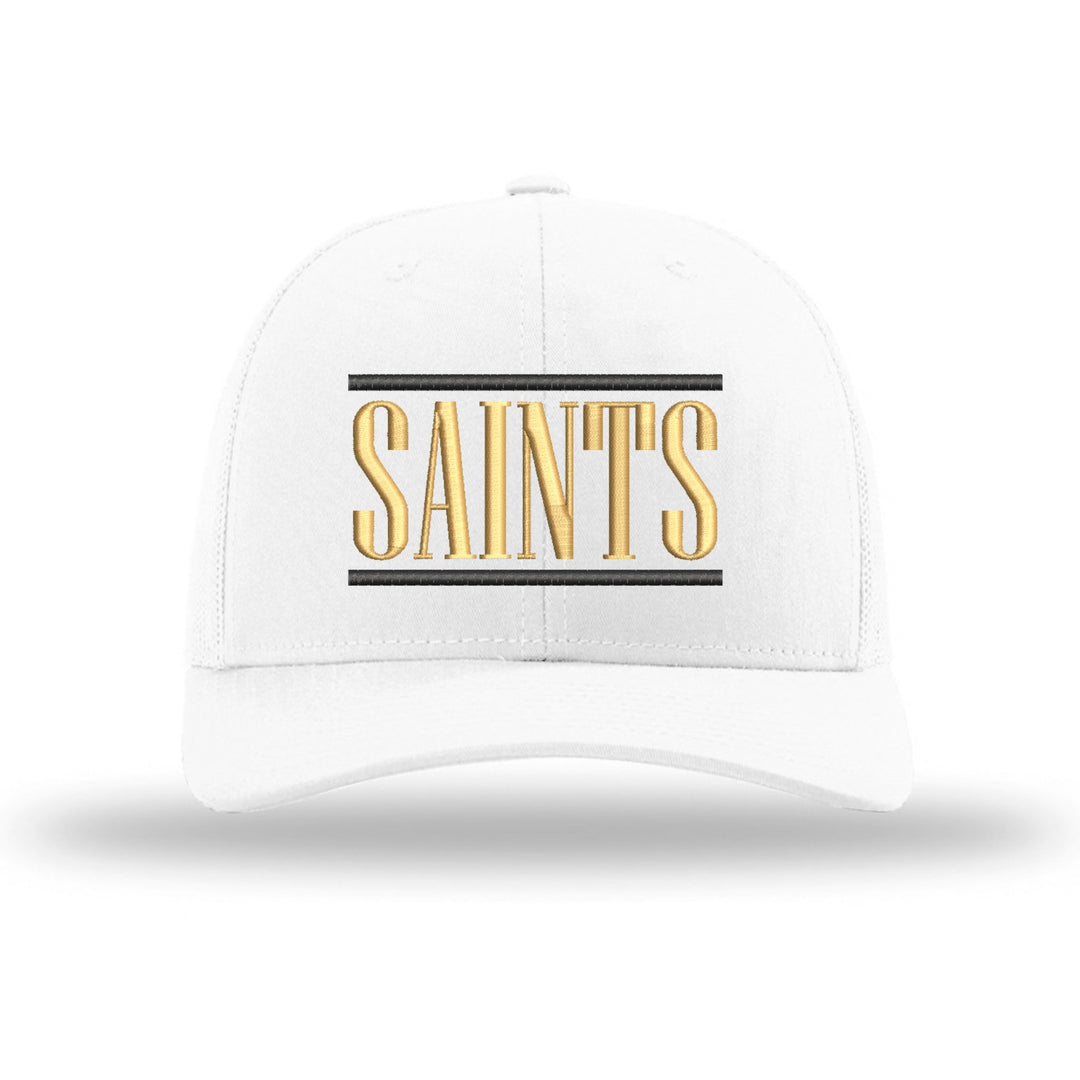 Berks Catholic Saints Varsity Bars embroidered trucker hat, black and gold stitching on a white hat