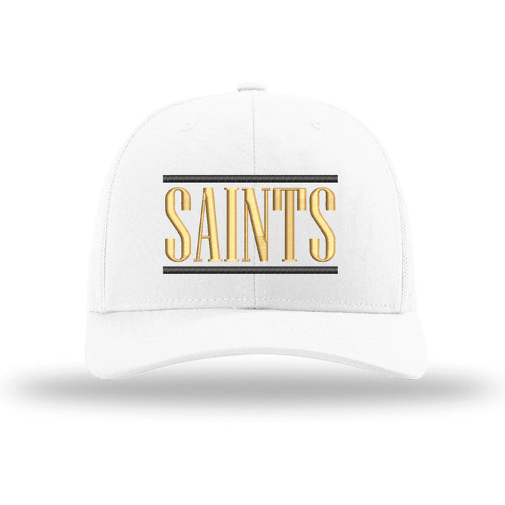 Berks Catholic Saints Varsity Bars embroidered trucker hat, black and gold stitching on a white hat