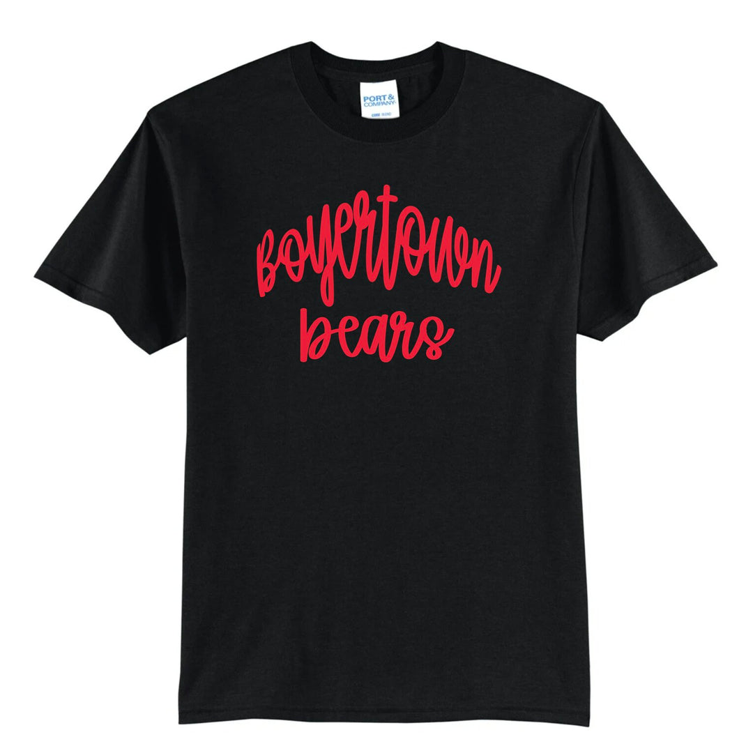 Boyertown Bears hand-lettered script spirit tee in black with red script print