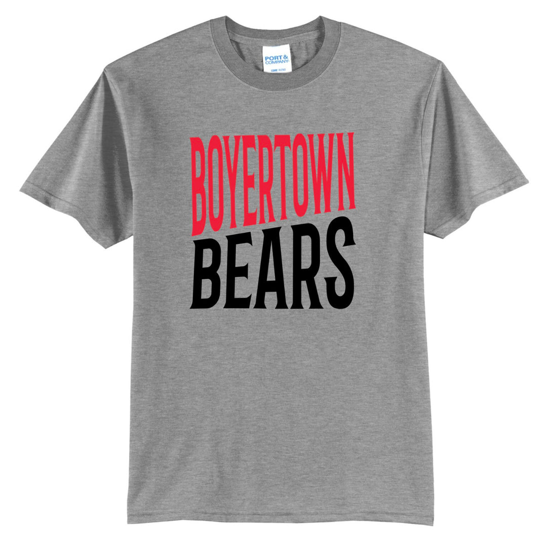 Boyertown Bears bold block spirit tee in athletic heather with red and black two-tone lettering