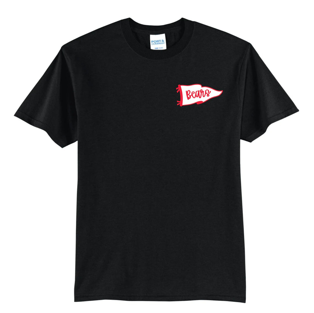 Boyertown Bears varsity flag spirit tee in black with a white and red left-chest pennant reading Bears