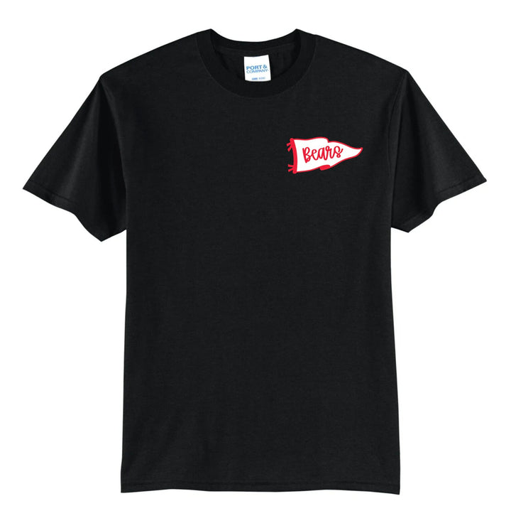 Example: black tee with a white and red left-chest pennant