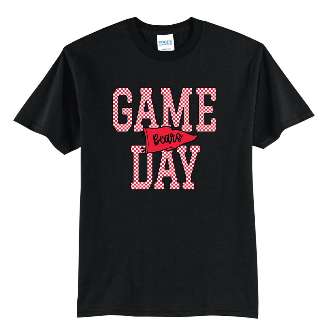 Example: black tee with red checkered GAME DAY and a red pennant