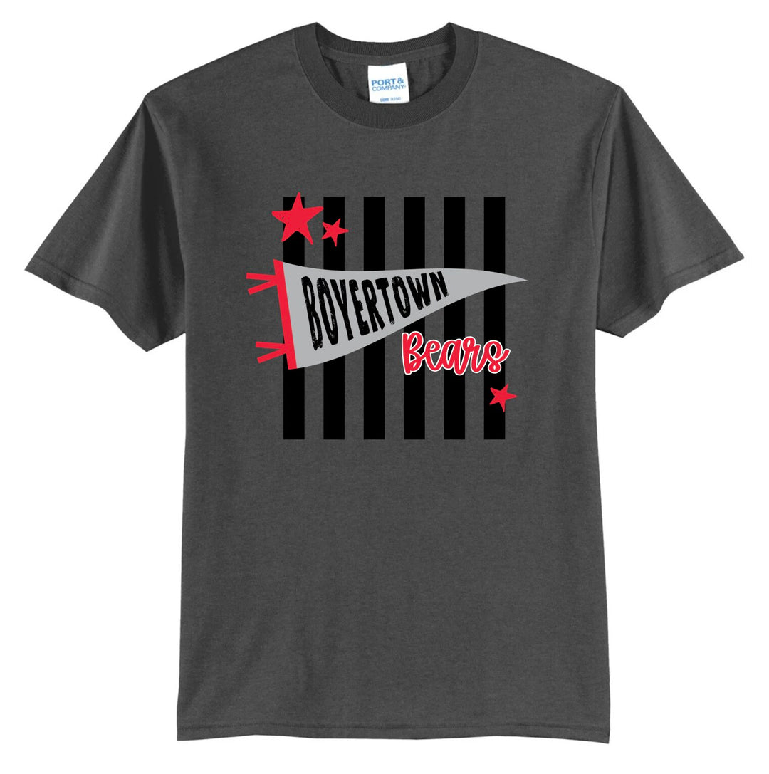 Boyertown Bears pennant stripes spirit tee in dark heather grey with black stripes, stars, and a grey Boyertown pennant