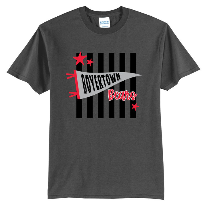 Example: dark heather grey tee with black stripes, stars, and a grey pennant