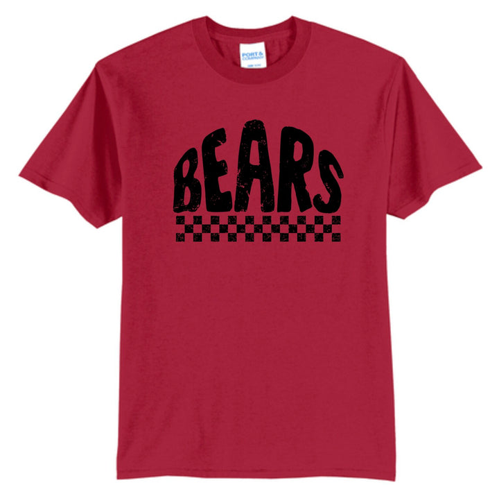 Example: cardinal red tee with black distressed mascot and checkered stripe