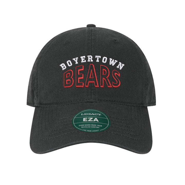 Boyertown Bears Classic Arch embroidered dad cap, white and red stitching on a black cap