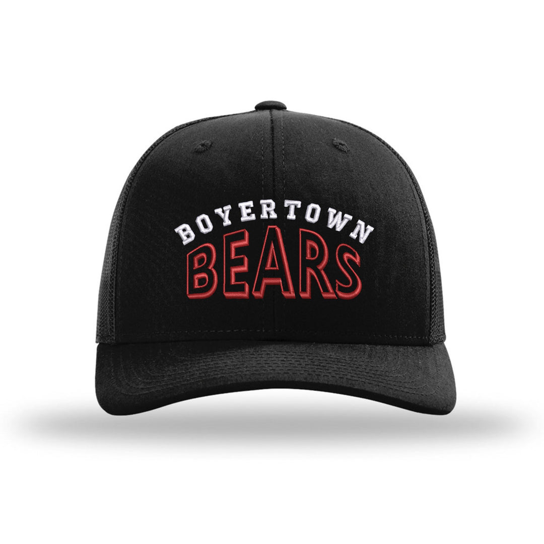 Boyertown Bears Classic Arch embroidered trucker hat, white and red stitching on a black hat