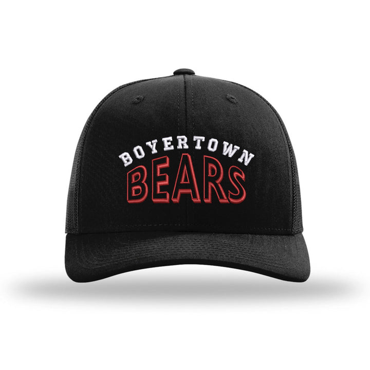 Boyertown Bears Classic Arch embroidered trucker hat, white and red stitching on a black hat