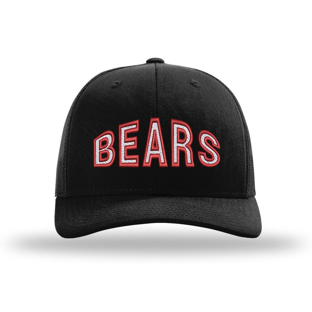 Boyertown Bears Mascot Arch embroidered trucker hat, white and red stitching on a black hat