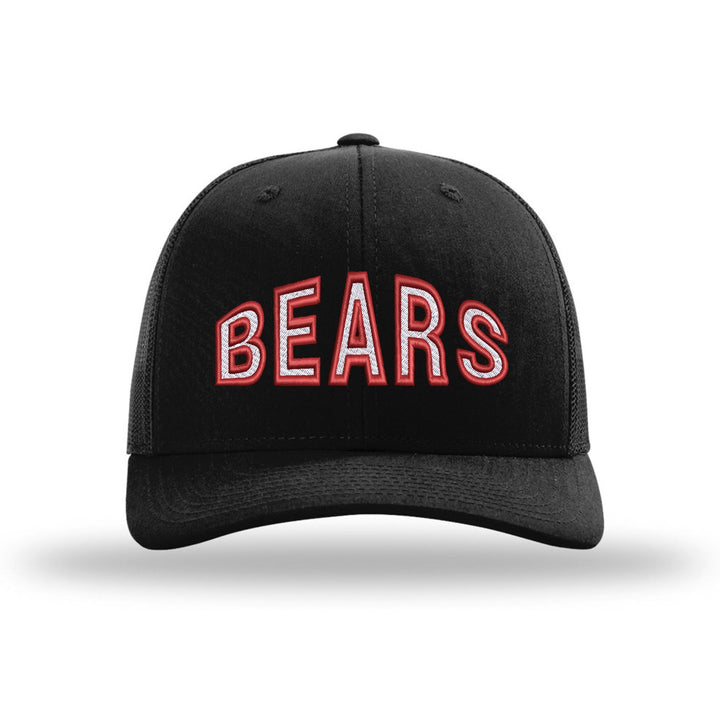 Boyertown Bears Mascot Arch embroidered trucker hat, white and red stitching on a black hat