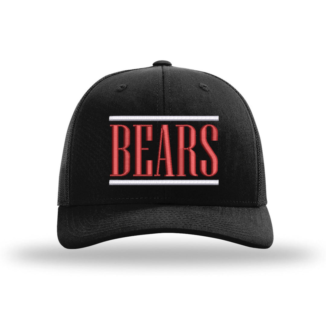 Boyertown Bears Varsity Bars embroidered trucker hat, white and red stitching on a black hat