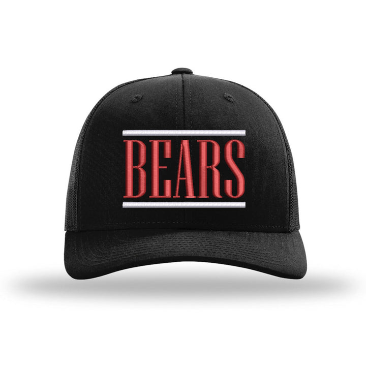 Boyertown Bears Varsity Bars embroidered trucker hat, white and red stitching on a black hat