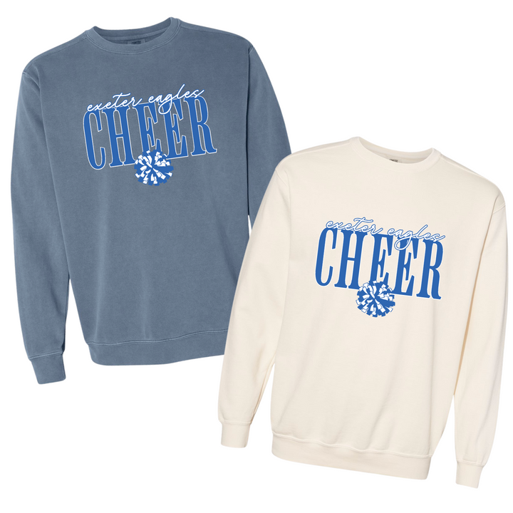 Exeter Eagles cheer crewneck sweatshirts in blue jean and ivory garment-dyed Comfort Colors fleece with big CHEER lettering and a pom