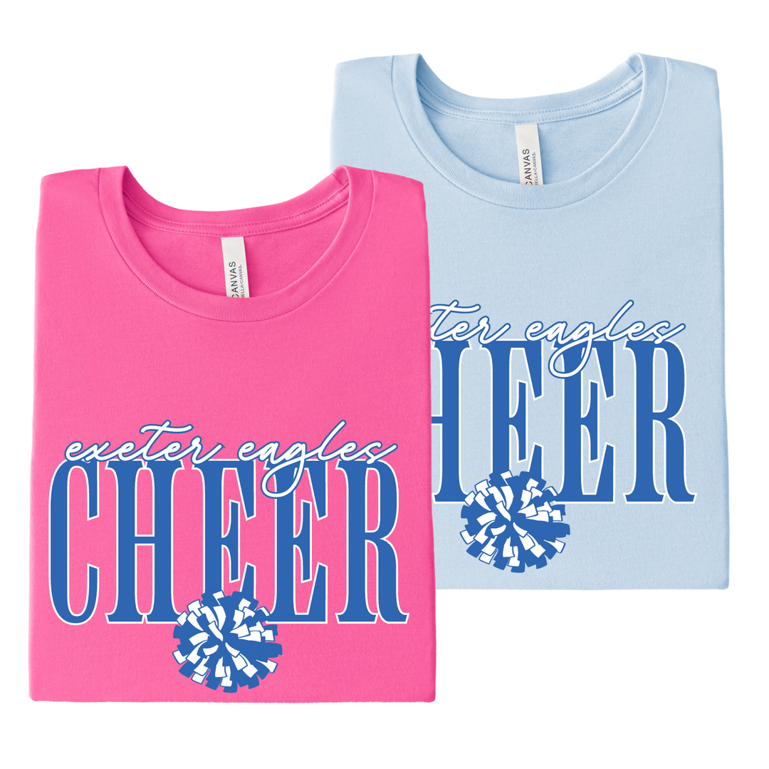 Exeter Eagles cheer t-shirts in hot pink and light blue with big CHEER lettering, script team name and a blue and white pom