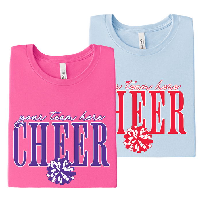 Custom CHEER cheer t-shirts in hot pink and light blue with your team name in script and a pom, shown in purple and red print