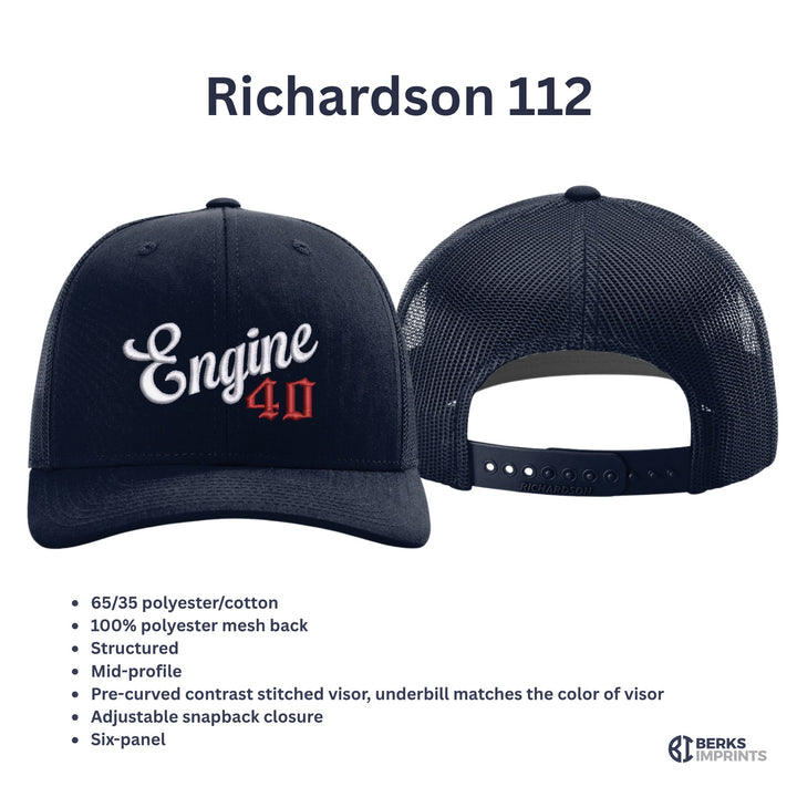 Richardson 112 company script fire department hat shown front and back, with material and fit details