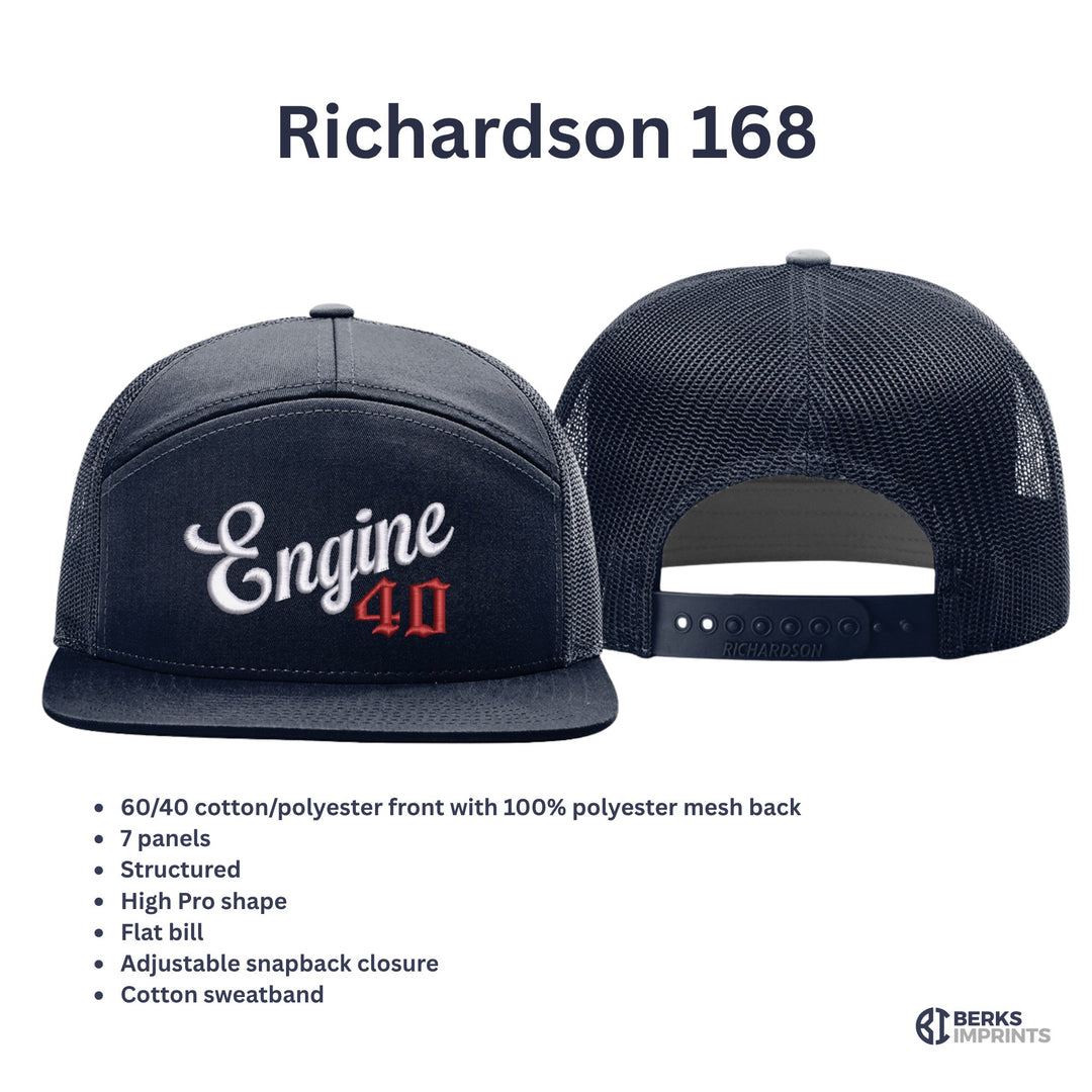 Richardson 168 company script fire department hat shown front and back, with material and fit details