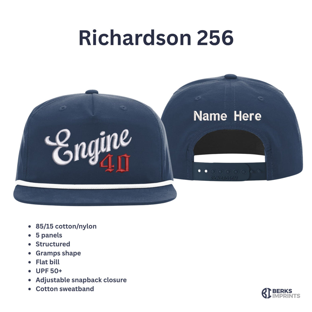 Richardson 256 company script fire department hat shown front and back, with material and fit details