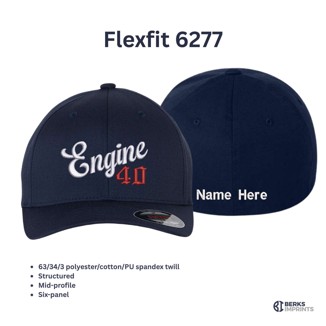 Flexfit 6277 company script fire department hat shown front and back, with material and fit details