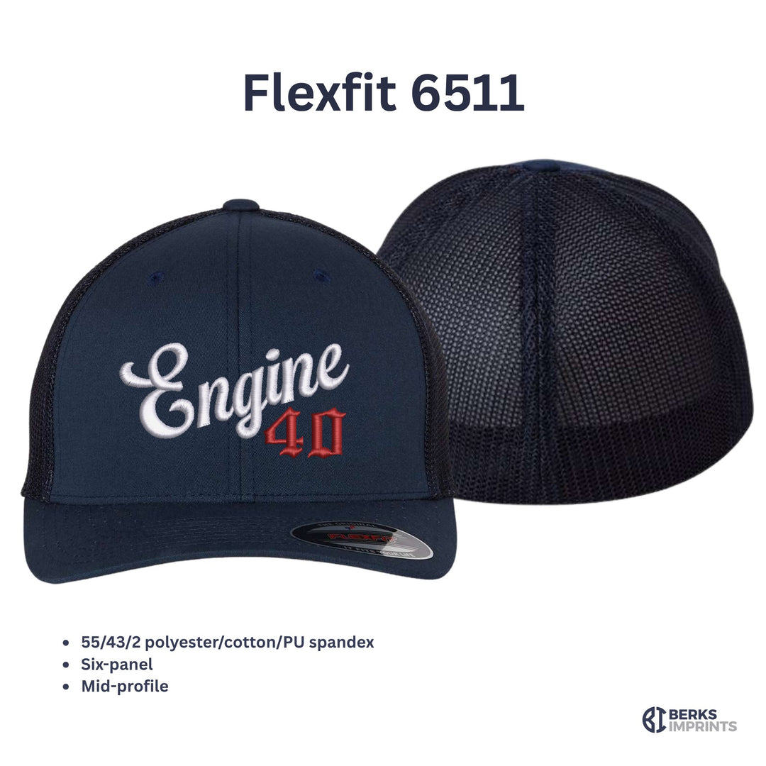 Flexfit 6511 company script fire department hat shown front and back, with material and fit details