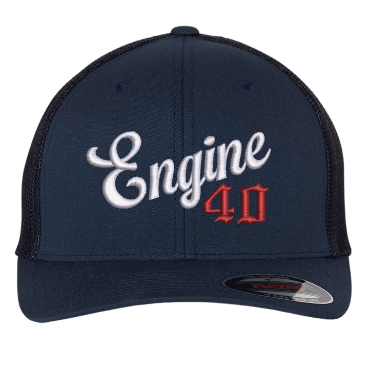 Navy Flexfit 6511 trucker hat embroidered with &
