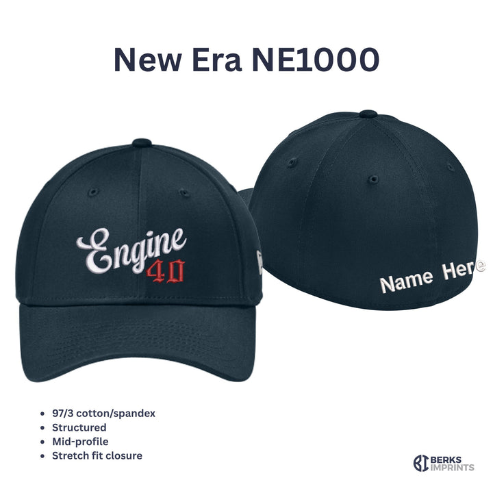 New Era NE1000 company script fire department hat shown front and back, with material and fit details