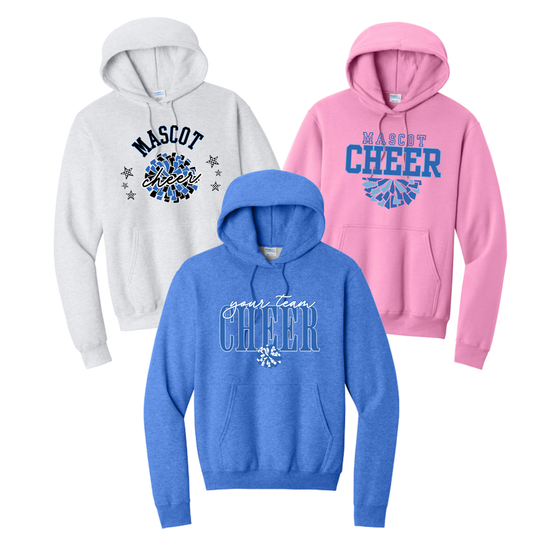 Three custom cheer hoodies on Port and Company Core Fleece in ash, light pink and heather royal, each with a different cheer design in that school&