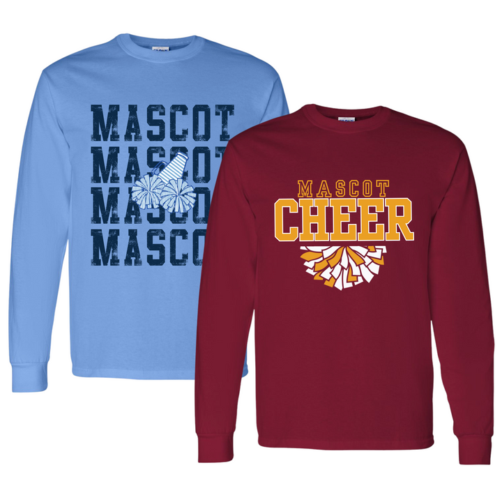Two custom cheer long sleeve t-shirts on Gildan 5400 heavy cotton, one carolina blue with a navy repeating mascot design and one maroon with a gold CHEER and pom design