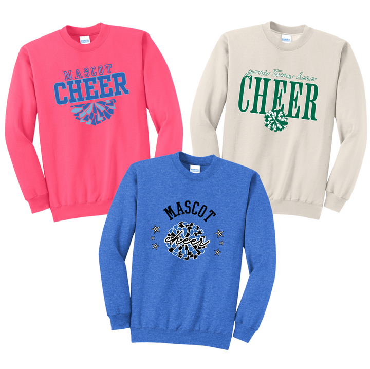 Three custom cheer crewneck sweatshirts on Port and Company Core Fleece in neon pink, sand and heather royal, each with a different cheer design in that school&