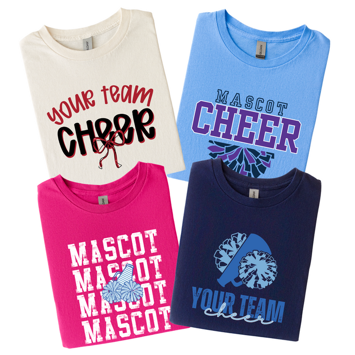 Four custom cheer t-shirts on BELLA+CANVAS 3001 in ivory, light blue, hot pink and navy, each with a different cheer design in that school&