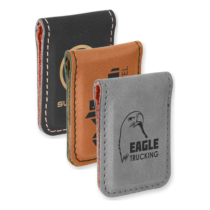 1 3/4" x 2 1/2" Leatherette Money Clip in Black/Gold, Rawhide, Gray with custom engraved logos