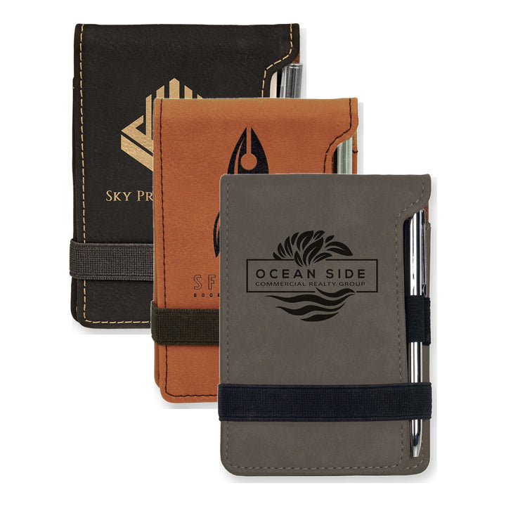 3 1/4" x 4 3/4" Leatherette Mini Notepad with Pen in Black/Gold, Rawhide, Gray with custom engraved logos