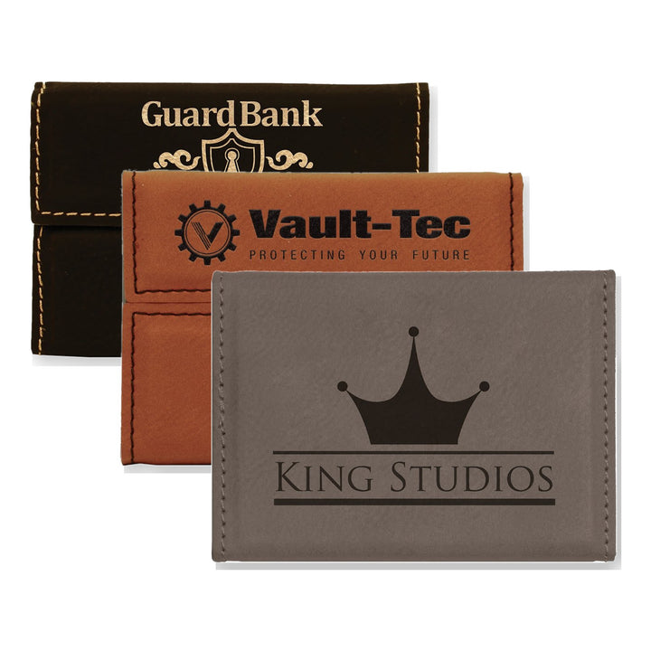 3 3/4" x 2 3/4" Leatherette Hard Business Card Holder in Black/Gold, Rawhide, Gray with custom engraved logos